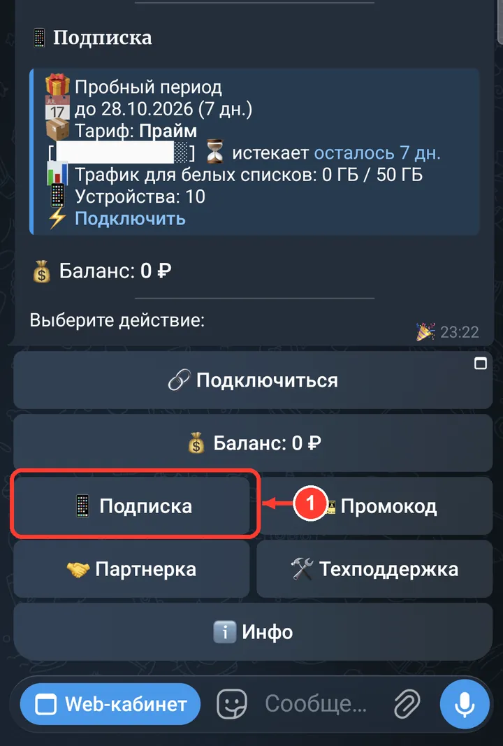 В боте откройте «Подписка».