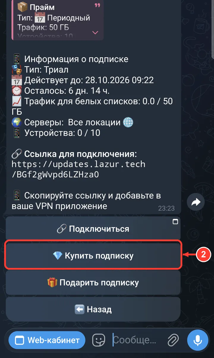 Нажмите «Купить подписку» (если подписка уже оплачена — «Продлить подписку»).