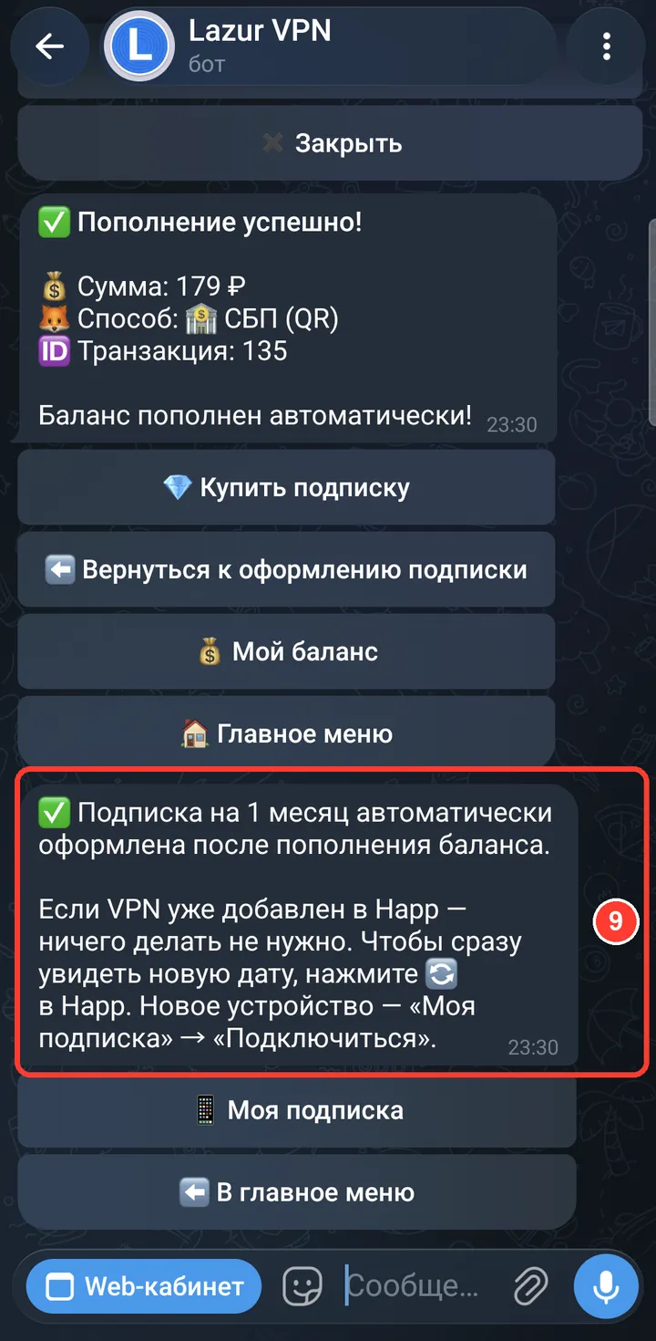 Вернитесь в Telegram. Бот сообщит, что баланс пополнен и подписка оформлена. Обычно это занимает 1–5 минут, нажимать ничего не нужно.