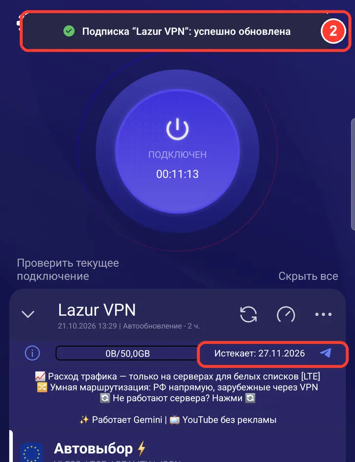 Появится «Подписка успешно обновлена», а дата окончания станет актуальной. Выключите и снова включите VPN.