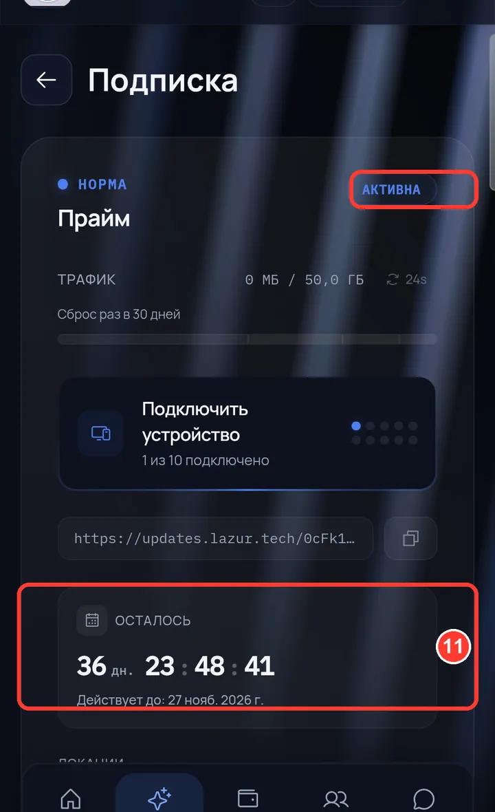 Подписка «Активна», ниже — сколько осталось и до какого числа.