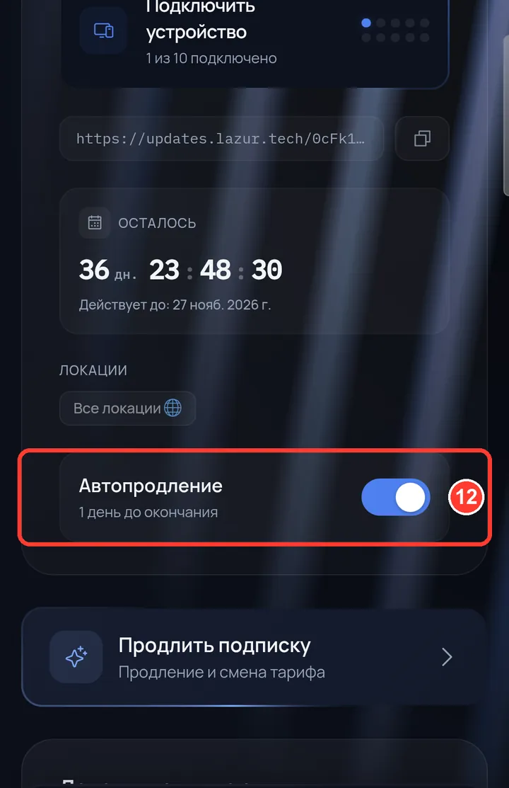 «Автопродление» включено: незадолго до окончания оплата спишется с баланса. Пополните баланс заранее.